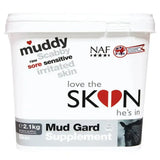 White plastic tub of naf mud gard supplement for skin challenged horses in wet muddy conditions with black red branding and heart symbol