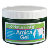 A dark green 400g jar of naf naturalintx arnica gel with a colorful label to soothe minor strains