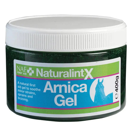 A dark green translucent jar with a white lid contains naf naturalintx arnica gel to soothe minor strains