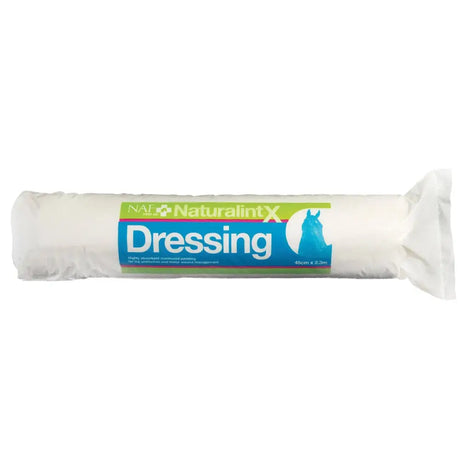 White roll of cushioned naf naturalintx dressing wrapped in clear plastic with blue green label showing horse silhouette
