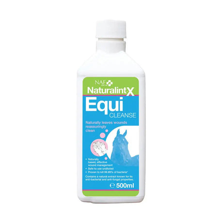 White plastic bottle of naf naturalintx equicleanse 500ml with green blue label and horse head for effective wound management and horse care