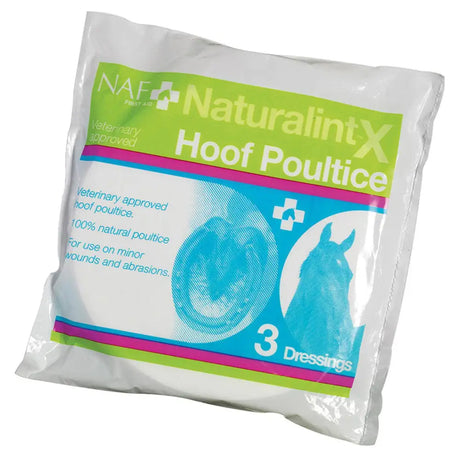 A white plastic pouch of naf naturalintx hoof poultice with green blue branding and a horse head illustration
