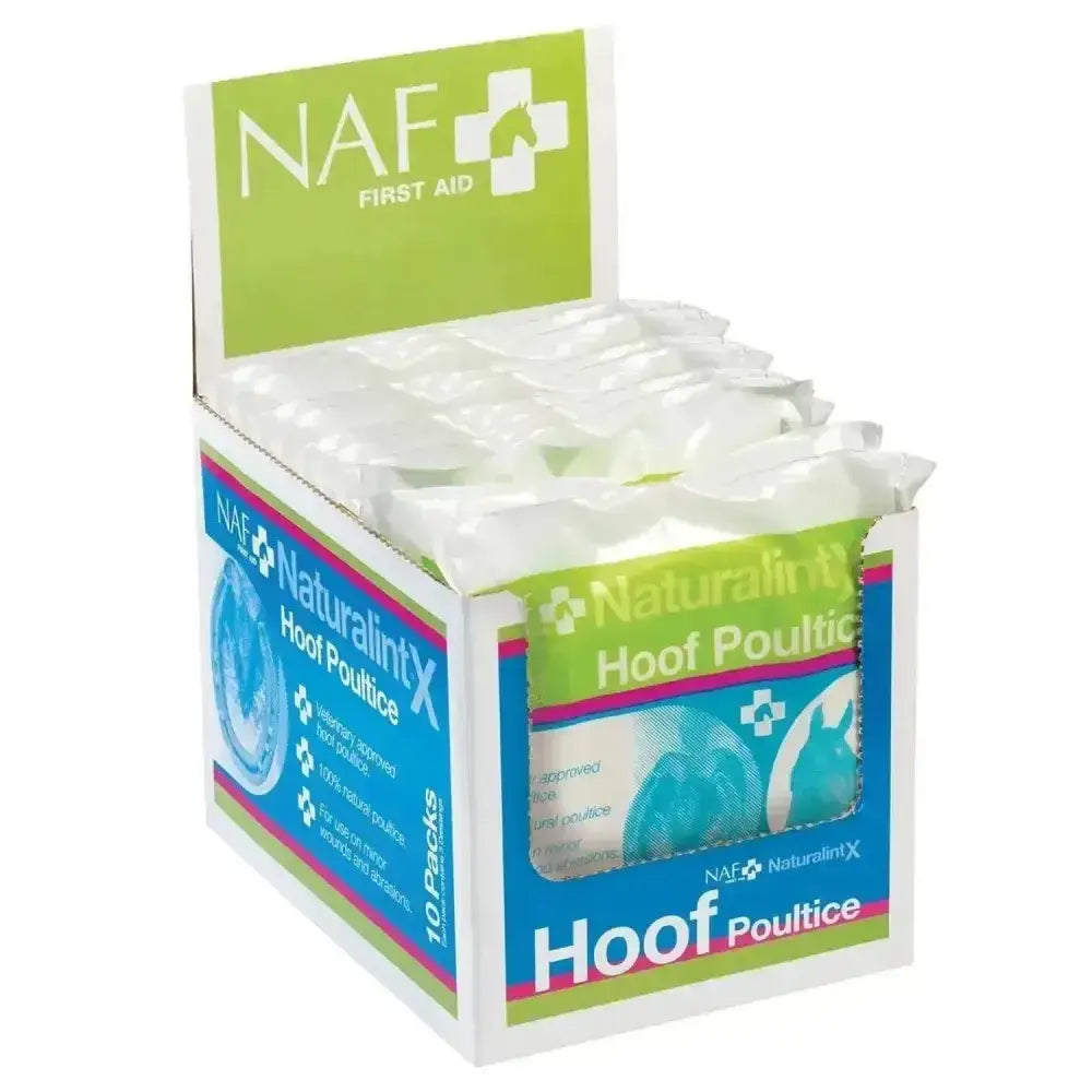 A white and green display box of naf naturalintx hoof poultice with ten individually wrapped natural hoof poultice packs