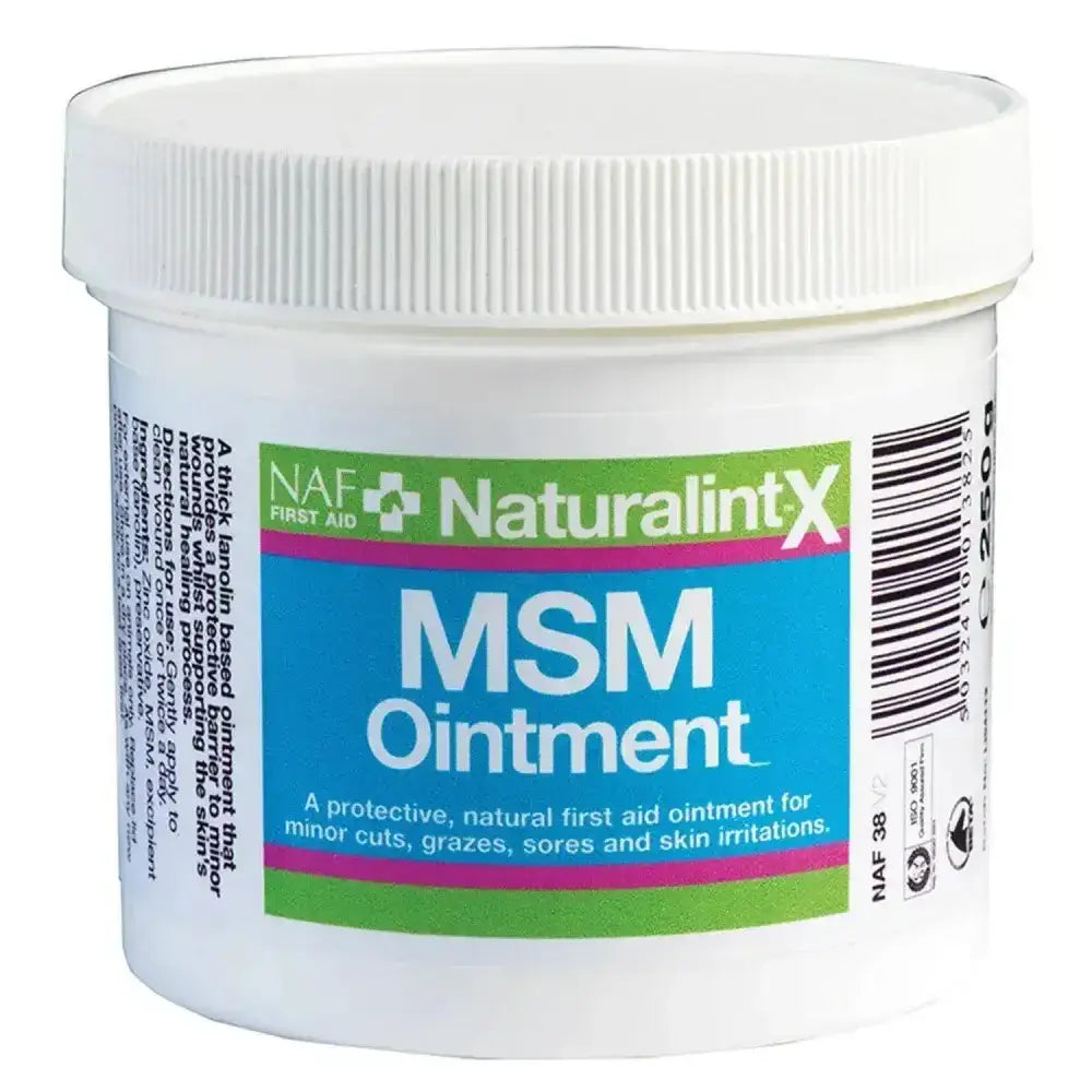 White plastic jar of naf naturalintx msm ointment with a colorful blue green and pink label for naturalintx msm use