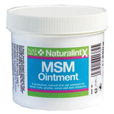 White plastic jar of naf naturalintx msm ointment with a colorful blue green and pink label for naturalintx msm use