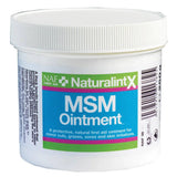 White plastic jar with ribbed lid and colorful label of naf naturalintx msm ointment for naturalintx msm care