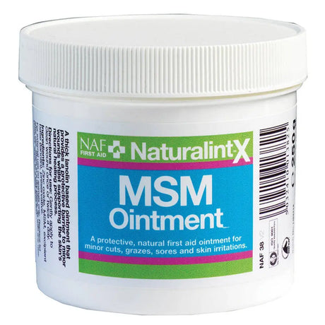 White plastic jar with ribbed lid and colorful label of naf naturalintx msm ointment for naturalintx msm care