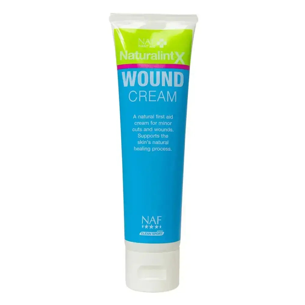 Blue and lime green tube of naf naturalintx wound cream for naturalintx wound care in horses and horse care use