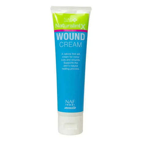 Blue and lime green tube of naf naturalintx wound cream for naturalintx wound care in horses and horse care use