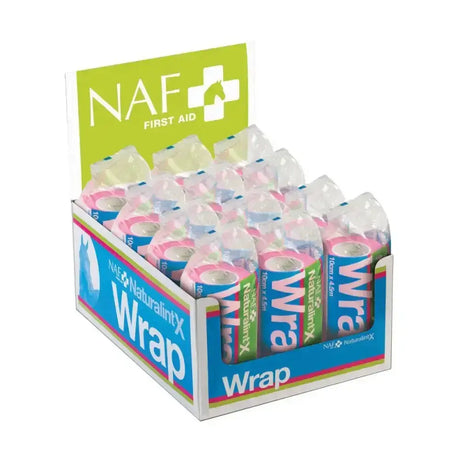 Naf naturalintx wrap elasticated support bandage in colorful rolls to hold wound dressings in a retail box display