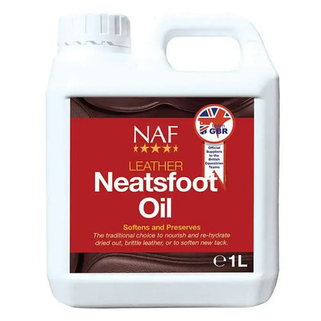 White plastic jug with red label of naf neatsfoot oil leather oil for conditioning leather products