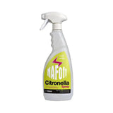 A white plastic spray bottle of naf off citronella spray with a lime green label for outdoor furniture and fly spray naf use