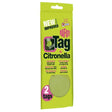 Lime green packet with two waterproof citronella fly repellents tags by naf featuring highly scented tag ideal for outdoor use