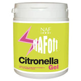 A lime green labeled jar of naf off citronella gel with a white lid and pink lightning bolt, an effective citronella gel for horse fly repellent gels