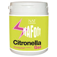 Nafoff citronella gel in a white plastic jar with lime green label is an effective citronella gel for horse fly repellent