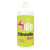 A lime green naf citronella wash bottle with white cap and pink lightning bolt logo for no-rinse body wash use