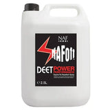 White plastic jug with black cap and handle labeled naf deet power performance equine fly repellent spray for long lasting effective protection