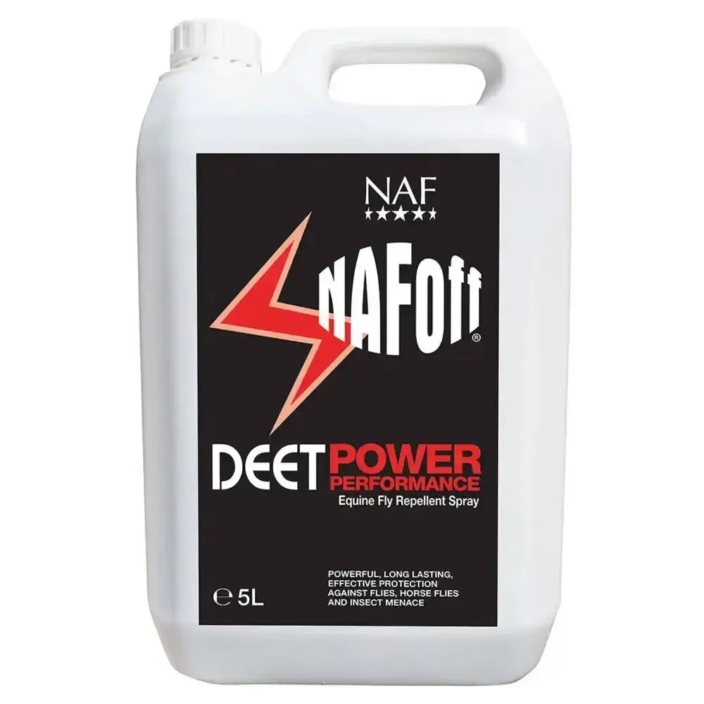 White plastic jug with black label of naf off deet power performance long lasting effective protection fly spray