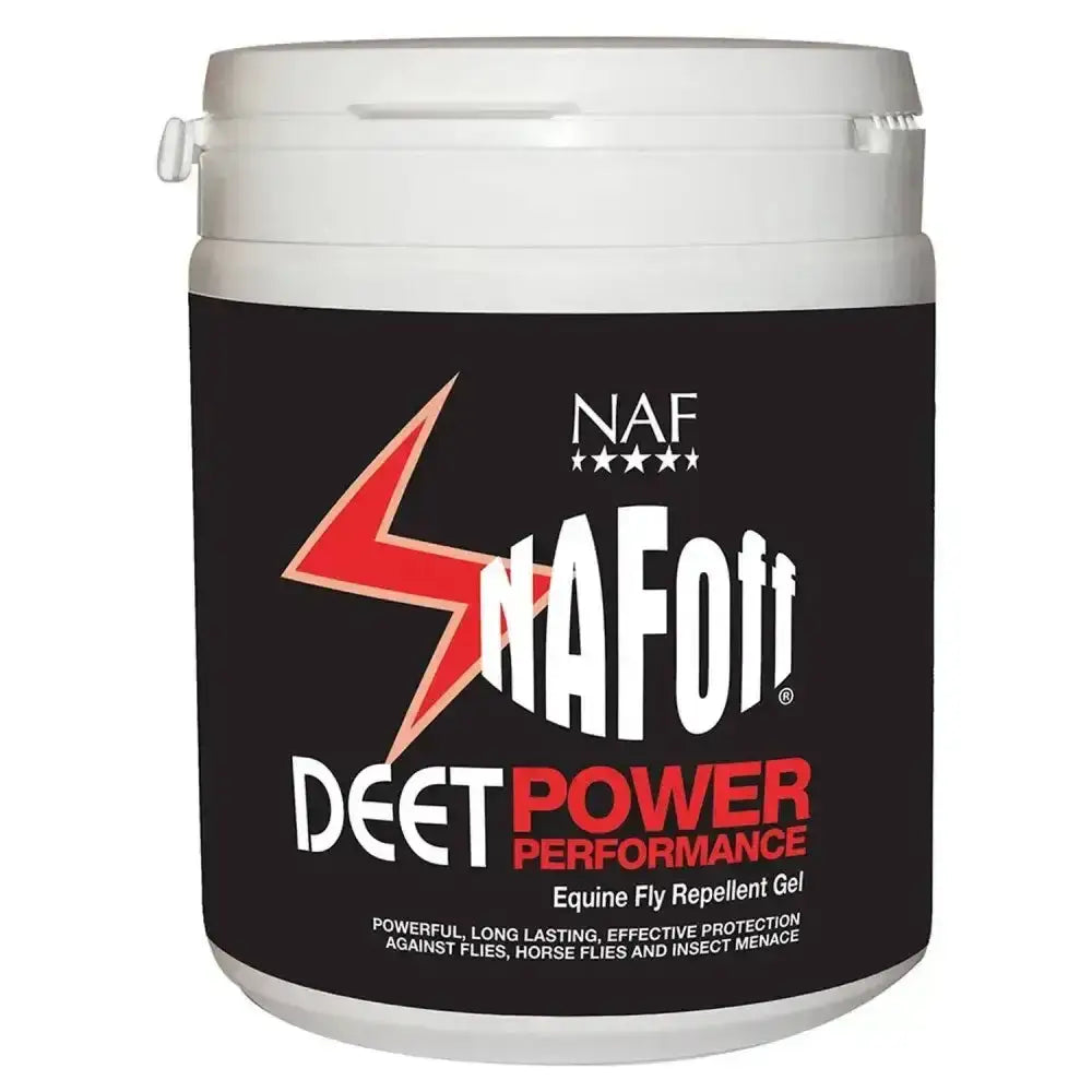 Naf off deet power performance gel in a white plastic container with black and red fly repellent gels label
