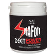 White plastic container with black label and red nafoff deet power performance branding for equine fly repellent gel power performance gel