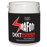 White plastic container with black label and red nafoff deet power performance branding for equine fly repellent gel power performance gel