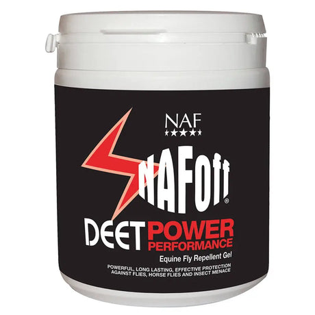 White plastic container with black label featuring nafoff deet power performance branding for equine fly repellent gel