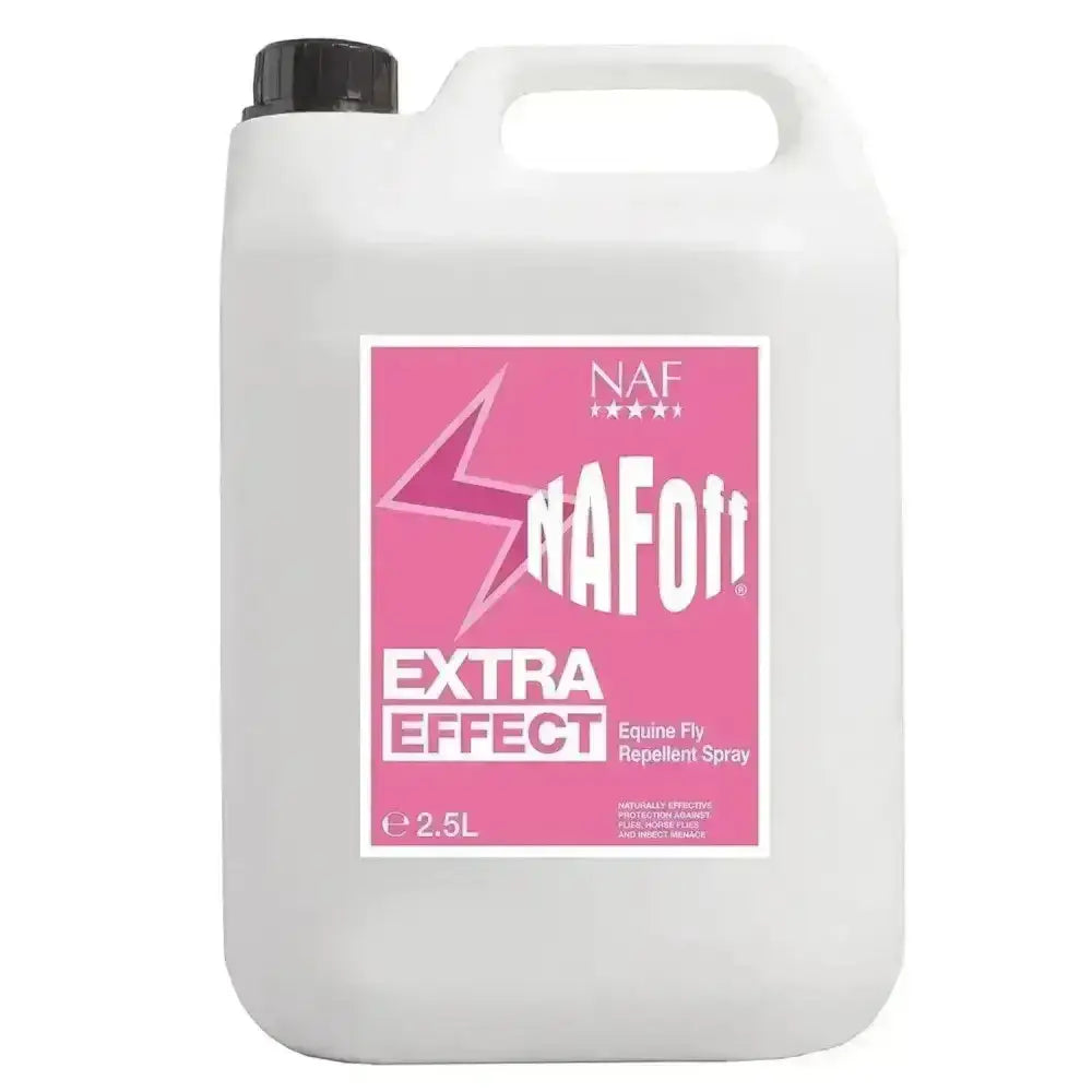 White plastic jug with black cap and pink label of naf off extra effect fly spray for naturally effective protection from horse flies