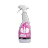 A white plastic spray bottle with a pink nafott label offering extra effect fly spray for naturally effective protection from horse flies