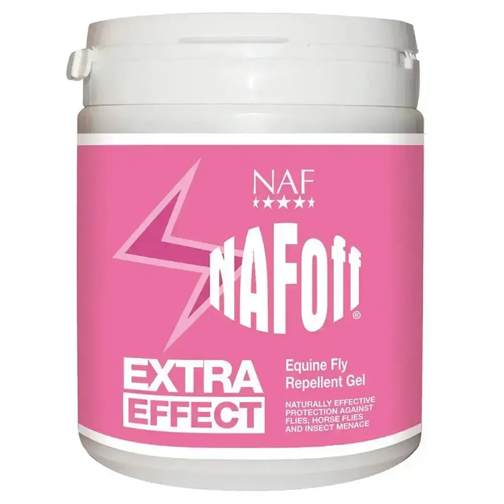 Pink labeled container of naf off extra effect gel fly repellent gel for horse flies and equine use