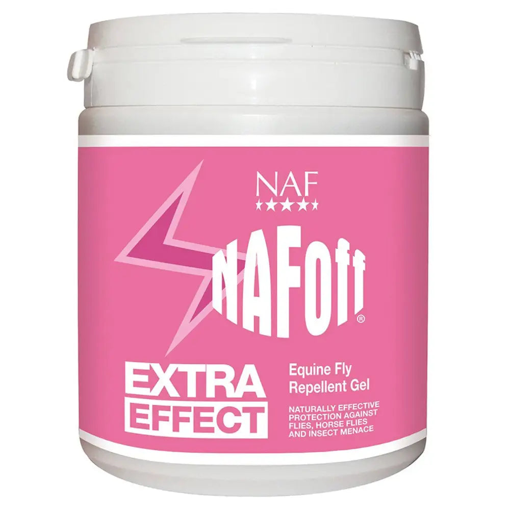 Pink naf off extra effect gel in a white plastic jar with flip top lid used as fly repellent gels against horse flies