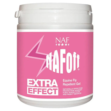 Pink naf off extra effect gel in a white plastic jar with flip top lid used as fly repellent gels against horse flies