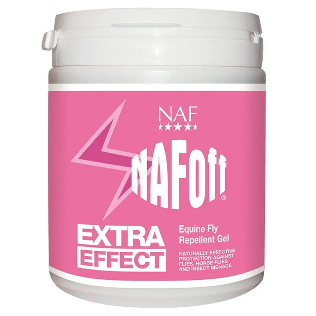 Pink naf off extra effect gel in a white plastic jar with flip top lid used as fly repellent gels against horse flies