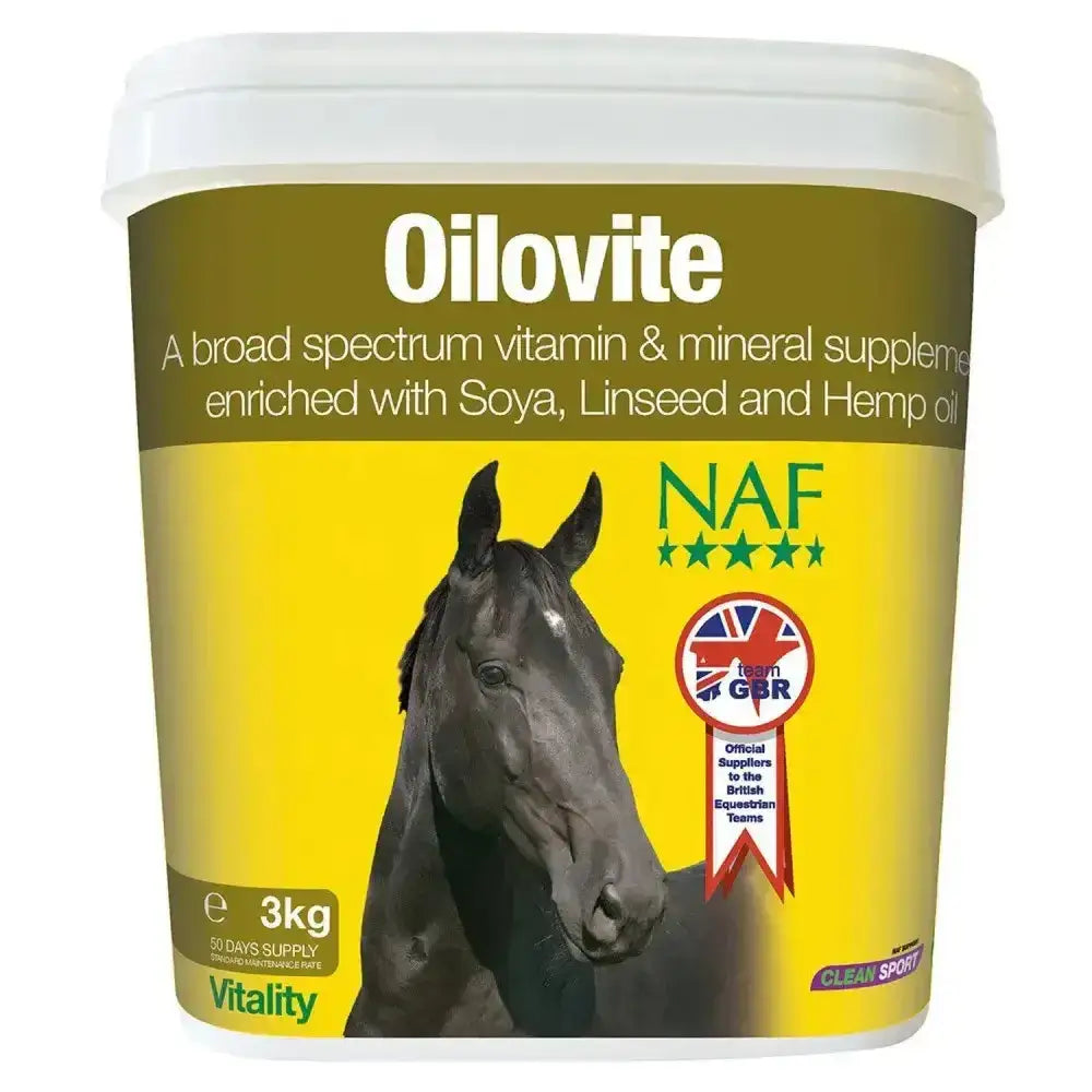 Yellow and green labeled plastic bucket of naf oilovite micronutrient supplement for a glossy coat on horses