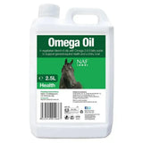 White plastic jug of naf omega oil with green label featuring horse image 2.5l vegetarian blend for slow release energy