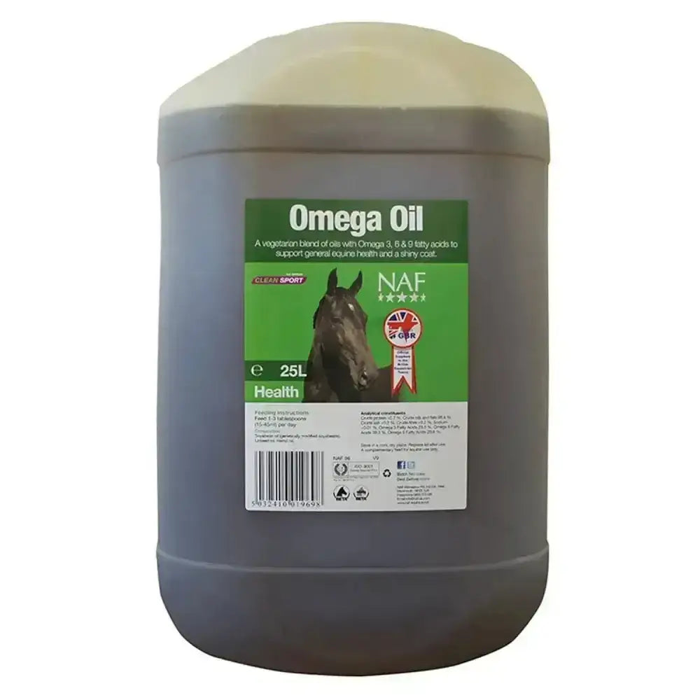 Dark gray 25-liter plastic container of naf omega oil providing slow release energy for horse health