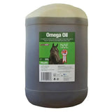 Dark gray 25-liter plastic container of naf omega oil providing slow release energy for horse health