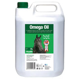 White plastic jug with green cap and label showing a black horse for naf omega oil slow release energy supplement