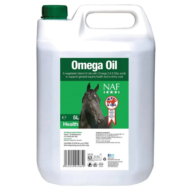 White plastic jug with green cap and label showing a black horse for naf omega oil slow release energy supplement