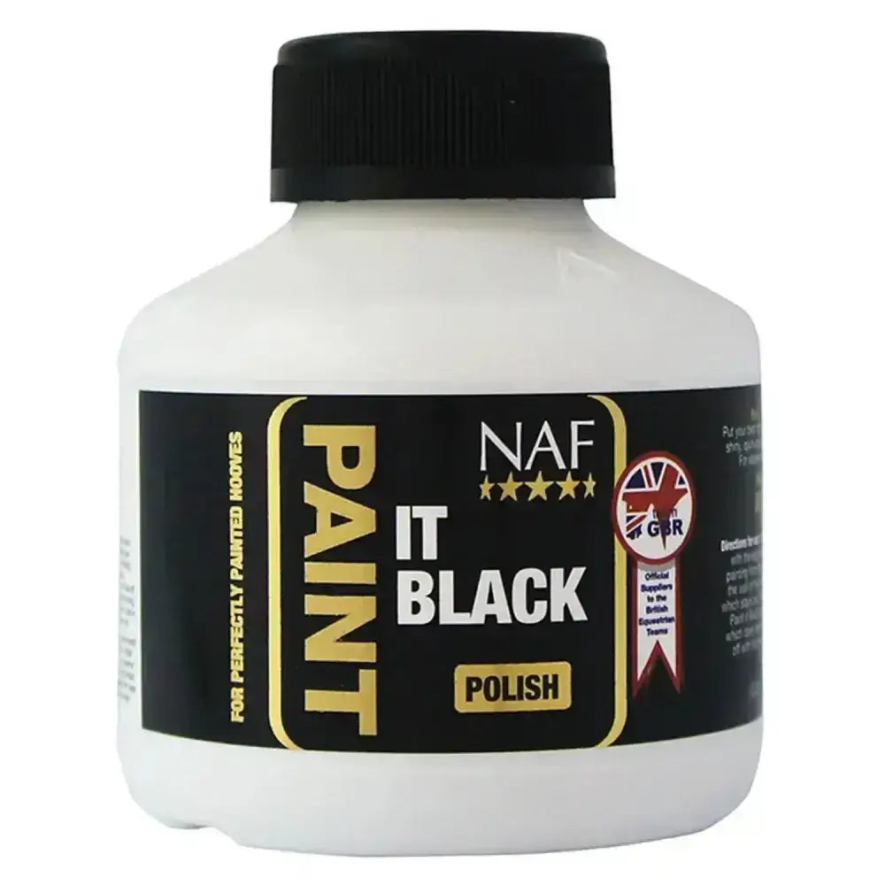 White plastic bottle with black cap and label of naf paint it hoof polish quick drying hoof polish for elegant hooves