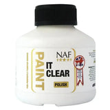 White plastic bottle with black cap labeled naf it clear quick drying hoof polish for elegant hooves