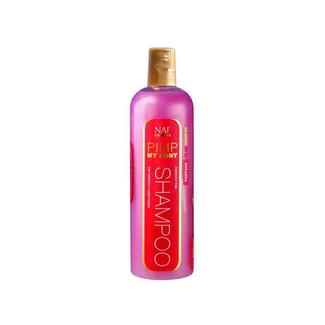 A vibrant pink naf pimp my pony shampoo bottle with a gold cap and bold red label perfect pink shampoo for ponies