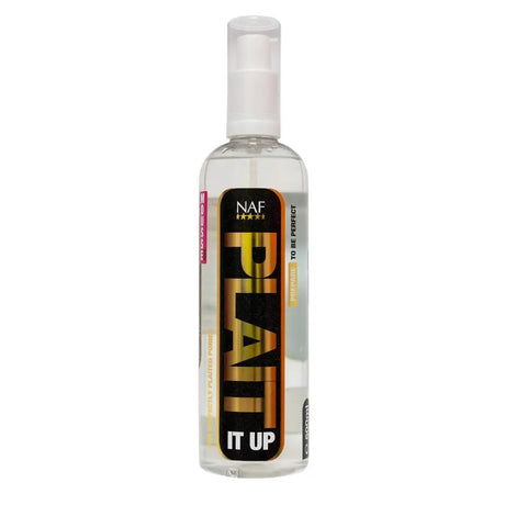 Clear plastic naf plait spray bottle with white pump and black gold label for spray perfect plaiting sprays use