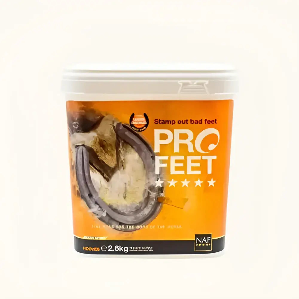 Orange and white container of naf pro feet pro feet powder hoof support for horse hoof care and maintenance