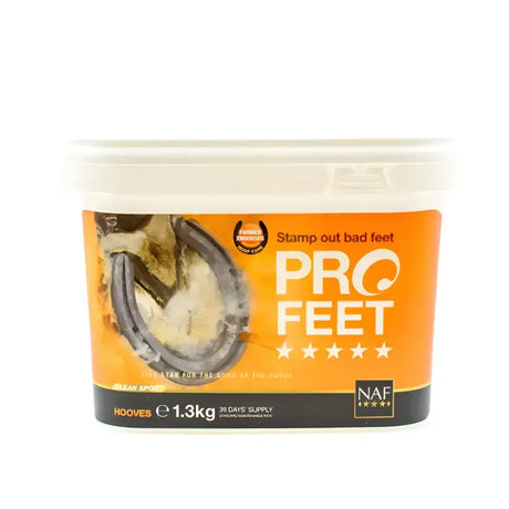 Orange and black labeled plastic container of naf pro feet powder hoof care for horses in pro feet hoof support product