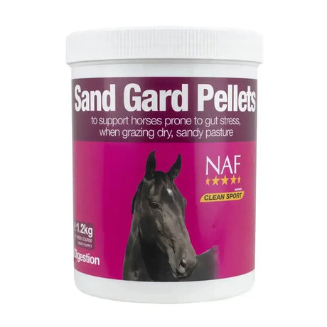 Pink and white container of naf sand gard palatable gard pellets for horses for easy sand digestion
