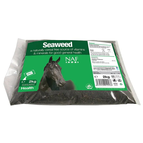 Naf seaweed 2kg green and white seaweed horse hoof supplements refill bag with black horse image and trace elements