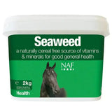 Green and white 2kg naf seaweed container with trace elements for horse hoof supplements and overall health