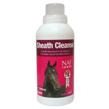 A white plastic bottle with a pink label showing a black horse and naf sheath cleanse gentle cleansing sheath formula