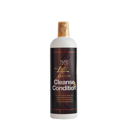 Naf sheer luxe leather cleanse and condition bottle with white body gold cap and dark label with gold text