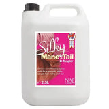 White plastic jug with black cap labeled naf silky mane & tail deluxe conditioning spray for shiny tangle free finish